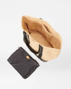 Raffia/Black Lacquer Large Raffia Tote -Best Bags Store 1472N1946 A3