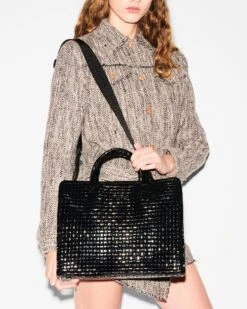 Black Lacquer Medium Woven Box Tote -Best Bags Store 1495N1742 A11